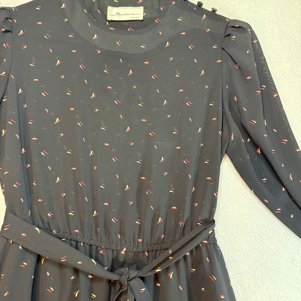 Vintage Marchionda of California 80s Black Sheer Abstract Midi Dress Belted L - Picture 9 of 9
